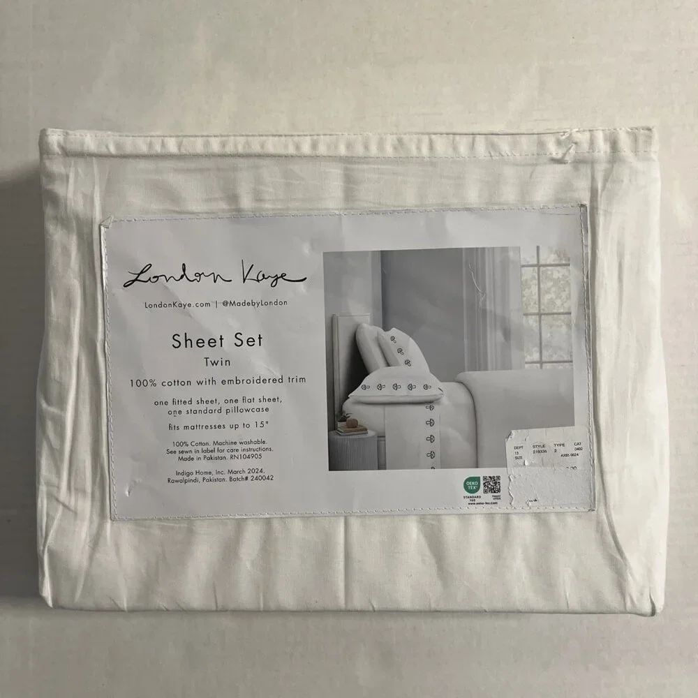 London Kaye Twin Sheet Set Green Mushroom Embroidered White Cotton 70s Retro‎